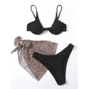 Costum de baie 3 piese texturat cu esarfa imprimeu leopard, negru #ZZ3931 - Img 5