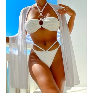 Costum de baie 3 piese texturat, cu esarfa, sutien cu cercuri metalice si prindere dupa gat, alb #ZZ3943