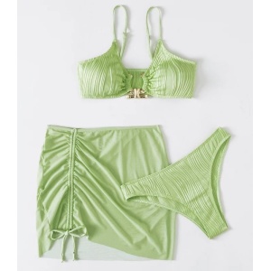 Costum de baie 3 piese texturat cu fusta scurta, verde #ZZ3975 - Img 2