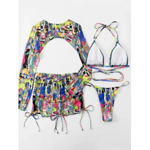 Costum de baie 4 piese cu bluza scurta si fusta cu snururi reglabile, multicolor #ZZ3033 - Img 12