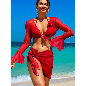 Costum de baie 4 piese, fusta tip esarfa si bluza, trandafiri decorativi, rosu #ZZ3049 - Img 2