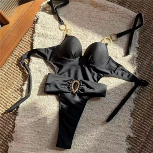 Costum de baie intreg cu cupe tari din burete și catarame metalice decorative, negru #ZZ1043 - Img 2