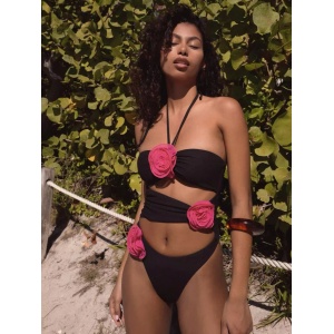 Costum de baie intreg cu decupaje si trandafiri decorativi, negru/ roz neon #ZZ1023 - Img 4