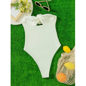 Costum de baie intreg fara bretele, cu decupaje si trandafiri decorativi, alb ivoire #ZZ1035 - Img 11
