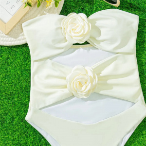 Costum de baie intreg fara bretele, cu decupaje si trandafiri decorativi, alb ivoire #ZZ1035 - Img 12