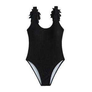 Costum de baie intreg ridat cu spatele gol si bretele cu aripi decorative, negru #ZZ1902 - Img 4