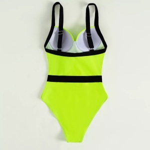 Costum de baie intreg sexy, cu cupe buretate si curea decorativa, verde neon /negru #ZZ1951 - Img 4