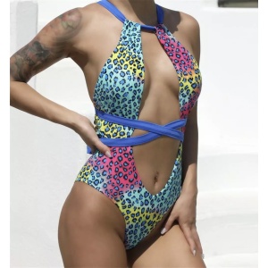 Costum de baie intreg sexy, cu decolteu adanc si spatele gol, imprimeu leopard, albastru/ multicolor #ZZ1919 - Img 5