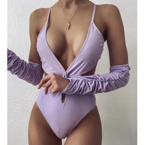 Costum de baie sexy intreg, cu manusi, decolteu adanc si decupaje, lila #ZZ1929 - Img 2