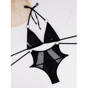 Costum de baie tanga cu decupaje și inserții de plasă, 2 piese, negru #ZZ1031 - Img 5