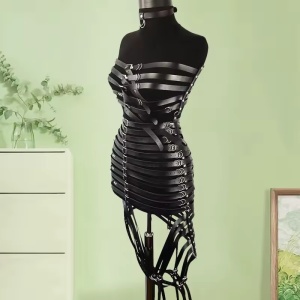 Rochie festival din piele ecologica cu bretele si catarame metalice, negru #ZZ4678 - Img 3