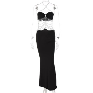 Rochie lunga sexy cu decupaje mari, spatele gol si lanturi metalice decorative, negru #ZZ1074 - Img 7