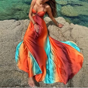 Rochie lungă sexy de plajă, vaporoasă, cu decupaje laterale, multicolor #ZZ1103 - Img 3