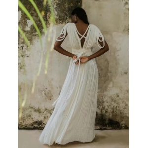 Rochie lungă vaporoasă de plajă cu decolteu, crăpătură în fața și bretele decorative împletite, alb #ZZ1097 - Img 2