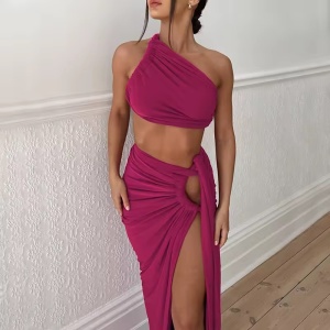 Set 2 piese cu bustiera pe un umăr și fustă lungă cu crăpătură , roz fucsia #ZZ2148