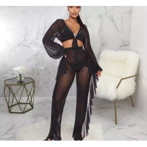 Set 2 piese pentru plaja, cu bluza si pantaloni, semitransparent, negru #ZZ2701