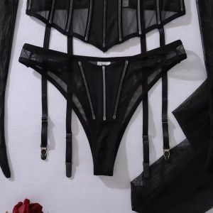 Set lenjerie intima sexy cu balene de sustinere, manusi si ciorapi, 5 piese, negru #ZZ4225 - Img 10