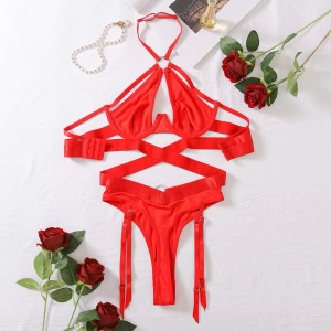 Set lenjerie intima sexy cu benzi satinate, slip cu prindere portjartier, rosu, 2 piese #ZZ4152 - Img 9