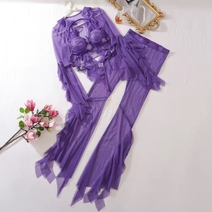 Set lenjerie intima sexy cu bluza si pantaloni, mov, 4 piese #ZZ4957 - Img 5