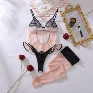 Set lenjerie intima sexy cu body si ciorapi, nude/ negru, 2 piese#ZZ4026 - Img 7