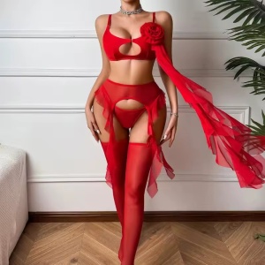 Set lenjerie intima sexy cu ciorapi inalti, roșu, 4 piese #ZZ4160 - Img 3