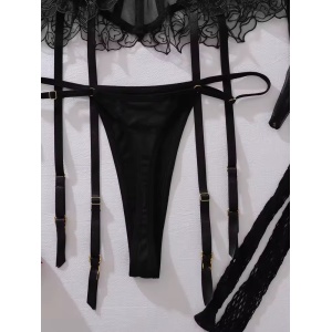 Set lenjerie intima sexy cu corset push-up, ciorapi plasa si manusi lungi, negru, 4piese #ZZ4583 - Img 11