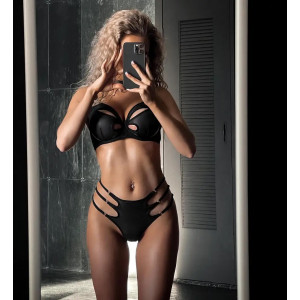 Set lenjerie intima sexy cu decupaje la slip si sutien, choker, negru, 5 piese #ZZ4003 - Img 9
