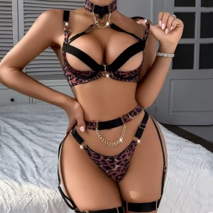 Set lenjerie intima sexy cu decupaje și imprimeu leopard, negru/ maro , 5 piese #ZZ4194 - Img 6