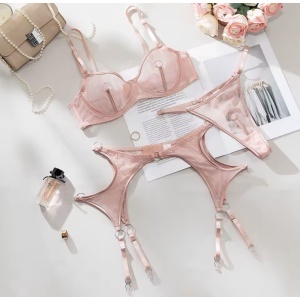 Set lenjerie intima sexy cu inele metalice decorative, roz, 4 piese#ZZ4222 - Img 6