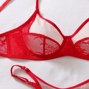 Set lenjerie intima sexy cu insertii de tul nude si manusi lungi, rosu, 4 piese #ZZ4591 - Img 11