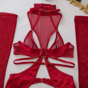 Set lenjerie intima sexy cu portjartier, ciorapi si manusi, 5 piese, visiniu, #ZZ4380 - Img 9