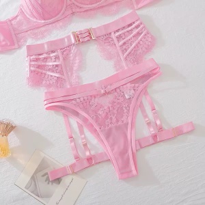 Set lenjerie intima sexy din dantel, sutien cu cupe buretate, roz, 4 piese #ZZ4648 - Img 6