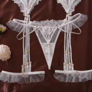 Set lenjerie intima sexy din dantela brodata, alb, 4 piese#ZZ4064 - Img 12