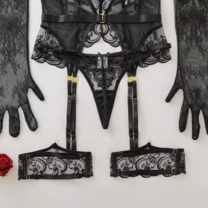 Set lenjerie intima sexy din dantela brodata cu corset si manusi, 4 piese, negru #ZZ4122 - Img 11