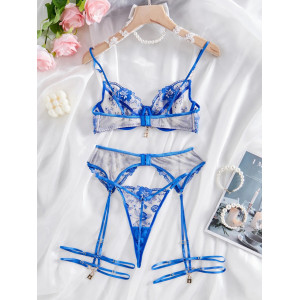 Set lenjerie intima sexy din dantela brodata cu lacate aurii decorative, albastru, 4 piese #ZZ4041 - Img 9