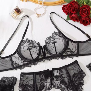 Set lenjerie intima sexy din dantela brodata cu manusi , negru, 5 piese #ZZ4631 - Img 6