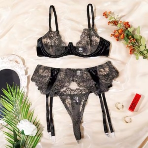 Set lenjerie intima sexy din dantela brodata cu portjartir, negru, 3 piese #ZZ4288 - Img 8