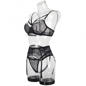 Set lenjerie intima sexy din dantela cu broderie si bretelute decorative, negru, 4 piese #ZZ4207 - Img 9