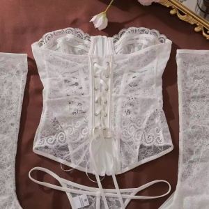 Set lenjerie intima sexy din dantela cu corset, ciorapi si manusi, 4 piese, alb, #ZZ4248 - Img 6