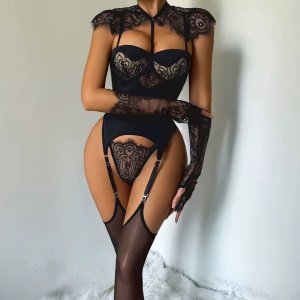 Set lenjerie intima sexy din dantela cu corset si manusi, 4 piese, negru, #ZZ4400 - Img 2