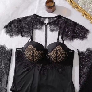 Set lenjerie intima sexy din dantela cu corset si manusi, 4 piese, negru, #ZZ4400 - Img 11