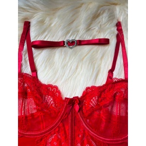 Set lenjerie intima sexy din dantela cu fundite, choker si ciorapi , rosu, 5 piese #ZZ4354 - Img 7