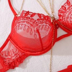 Set lenjerie intima sexy din dantela cu lantisoare decorative, rosu, 4 piese #ZZ4626 - Img 9