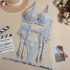 Set lenjerie intima sexy din dantela cu perle decorative, bleu, 4 piese#ZZ4009 - Img 3
