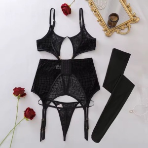 Set lenjerie intima sexy din dantela fina brodata, ciorapi, 3 piese, negru #ZZ4241 - Img 10