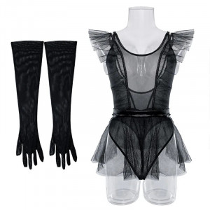 Set lenjerie intima sexy din dantela fina si tul cu body tanga si manusi, negru, 3 piese #ZZ4262 - Img 10