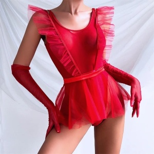 Set lenjerie intima sexy din dantela fina si tul cu body tanga si manusi, rosu, 3 piese #ZZ4951 - Img 2