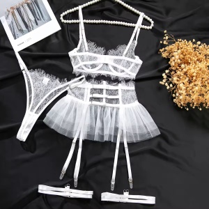 Set lenjerie intima sexy din dantela si tulle, alb, 4 piese #ZZ4013 - Img 5
