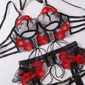 Set lenjerie intima sexy din dantelacu broderie florala, negru/ rosu, 5 piese #ZZ4383 - Img 11