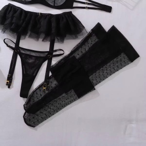 Set lenjerie intima sexy din dantelată brodată și tul, cu ciorapi înalți, negru, 4 piese #ZZ4001 - Img 11